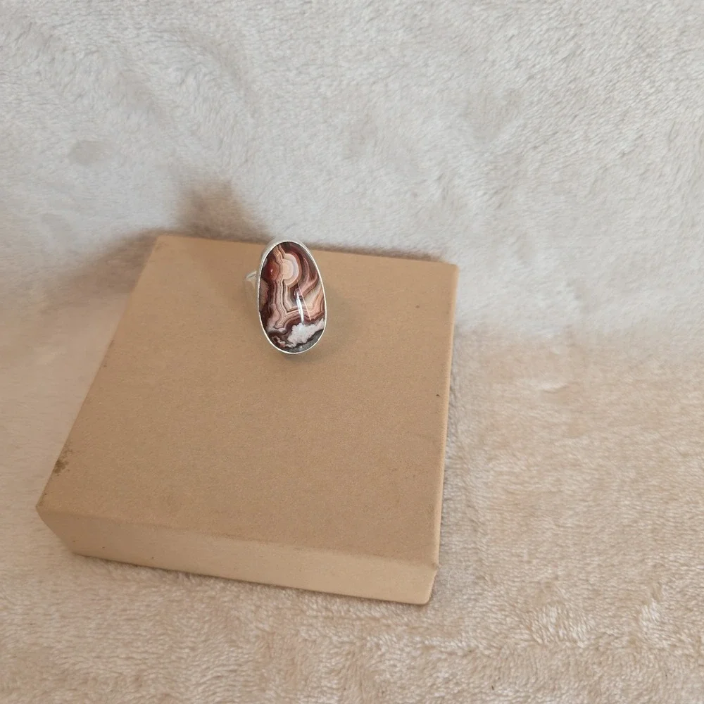 Oval Shaped Crazy Lace Agate Stone Sterling Silver Ring Earthy Boho-chic